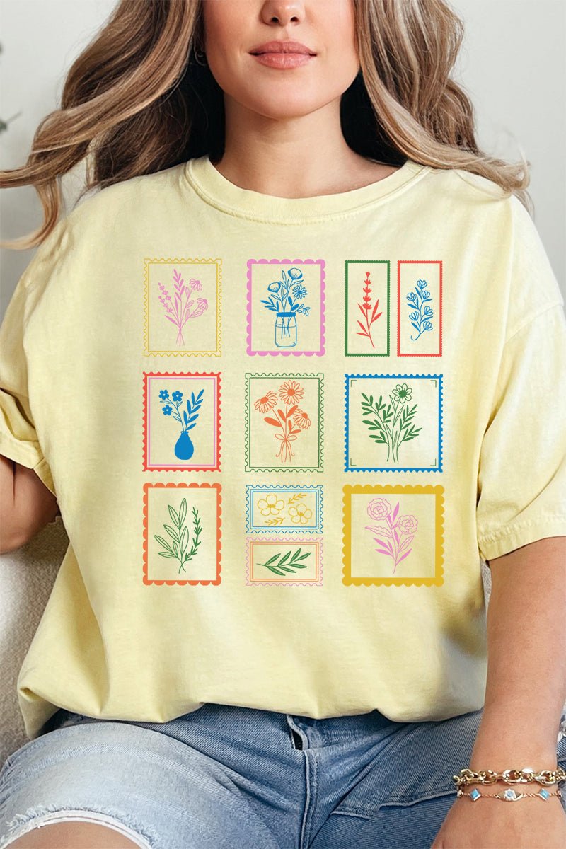 Whimsical Floral Stamps Comfort Colors Adult Ring - Spun Cotton Tee - Wholesale Accessory Market