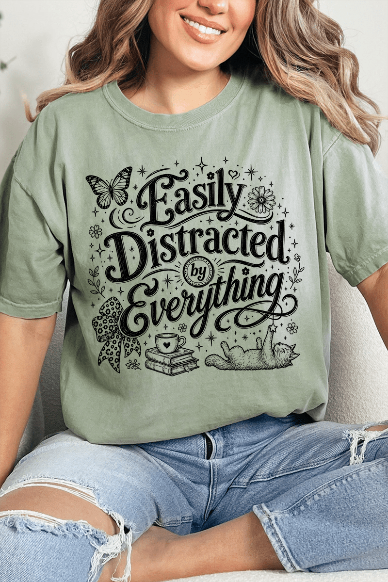 Black Easily Distracted By Everything Comfort Colors Adult Ring-Spun Cotton Tee - Wholesale Accessory Market