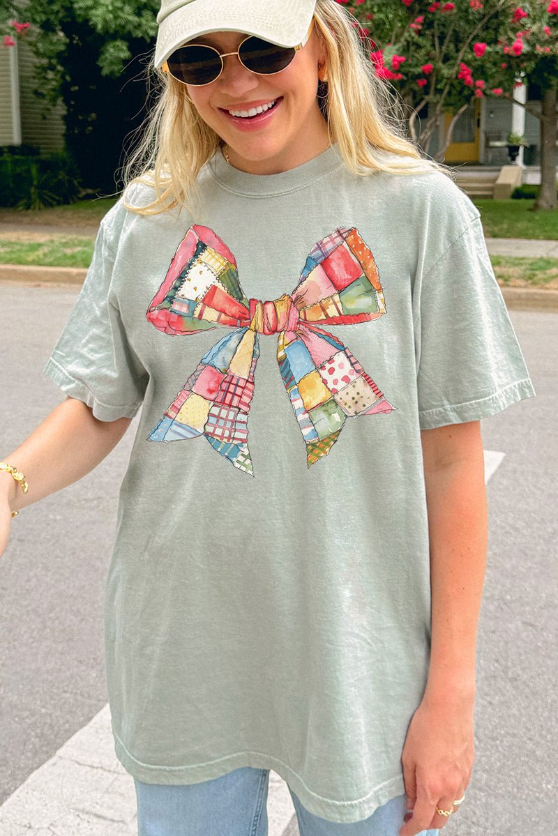 Faux Patchwork Quilt Stripe Bow Comfort Colors Adult Ring - Spun Cotton Tee - Wholesale Accessory Market
