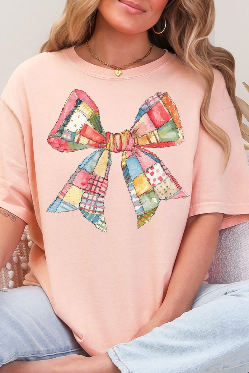 Faux Patchwork Quilt Stripe Bow Comfort Colors Adult Ring - Spun Cotton Tee - Wholesale Accessory Market