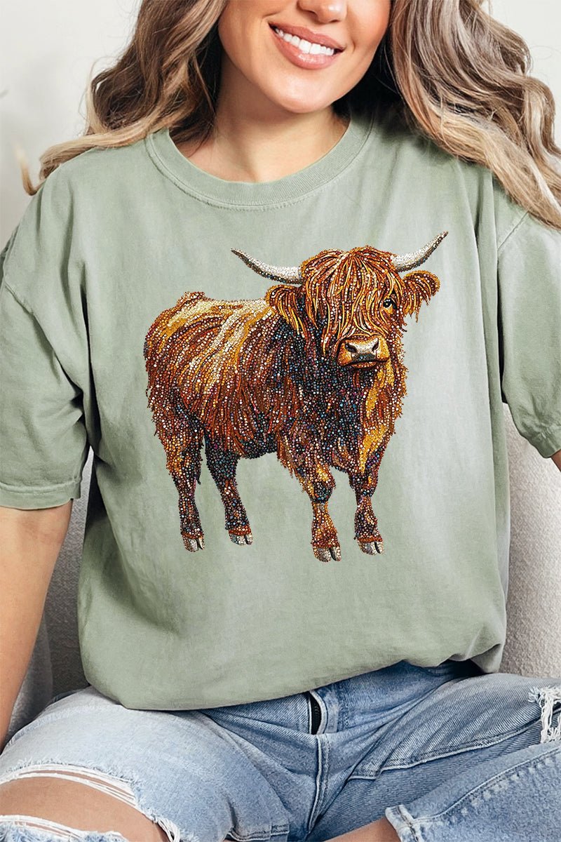 Faux Rhinestone Highland Cow Comfort Colors Adult Ring - Spun Cotton Tee - Wholesale Accessory Market