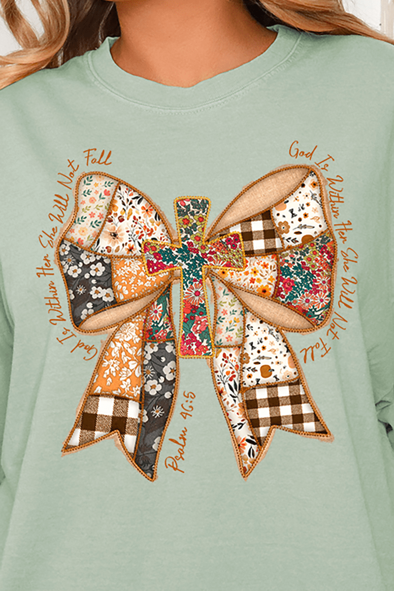 God Is Within Her Patchwork Bow Comfort Colors Adult Ring - Spun Cotton Tee - Wholesale Accessory Market
