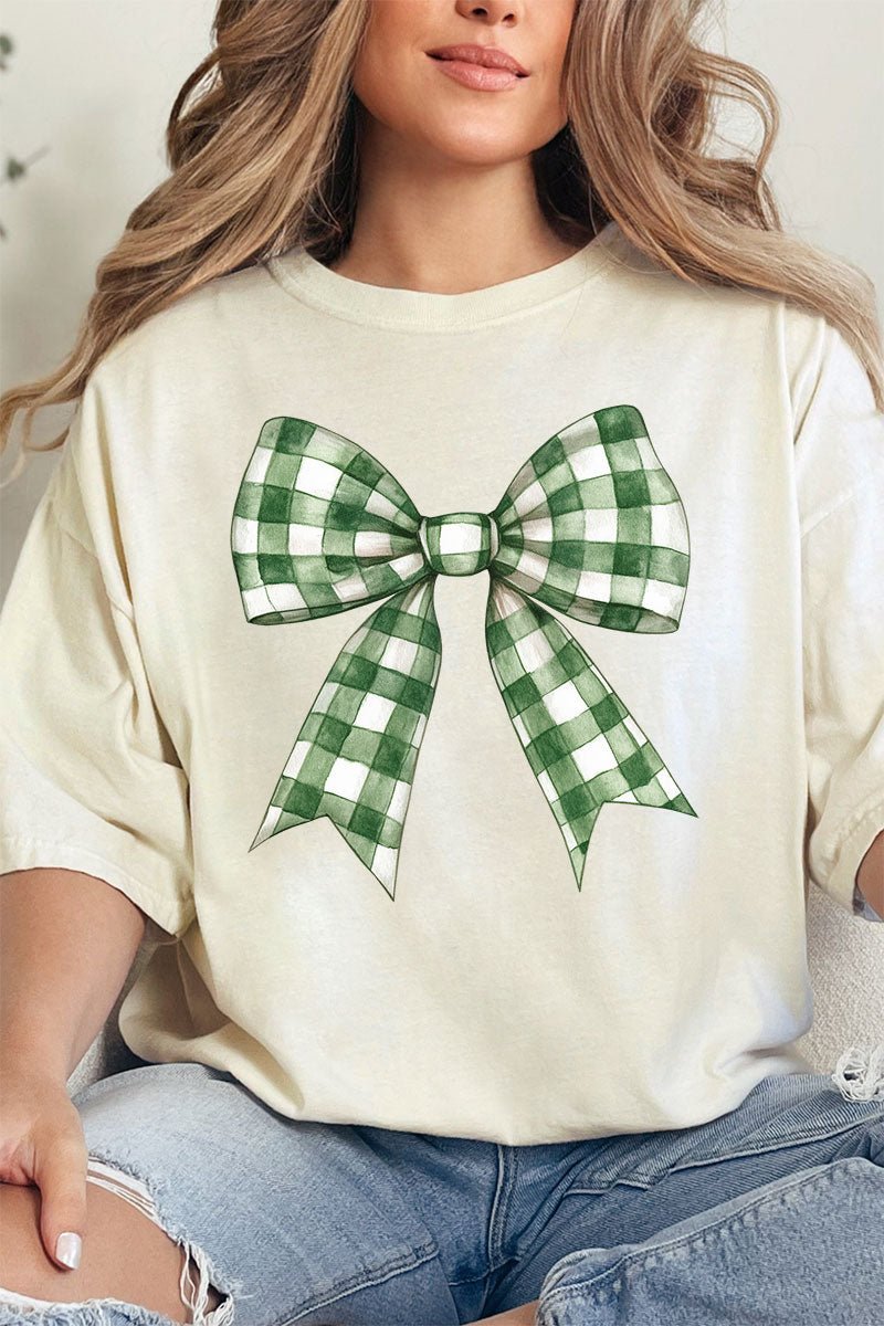Green Gingham Bow Comfort Colors Adult Ring - Spun Cotton Tee - Wholesale Accessory Market