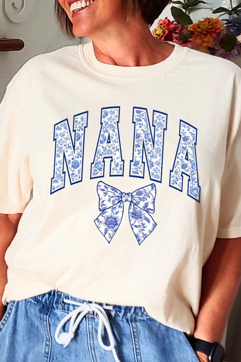 Arched Nana Blue Chinoiserie Comfort Colors Adult Ring - Spun Cotton Tee - Wholesale Accessory Market