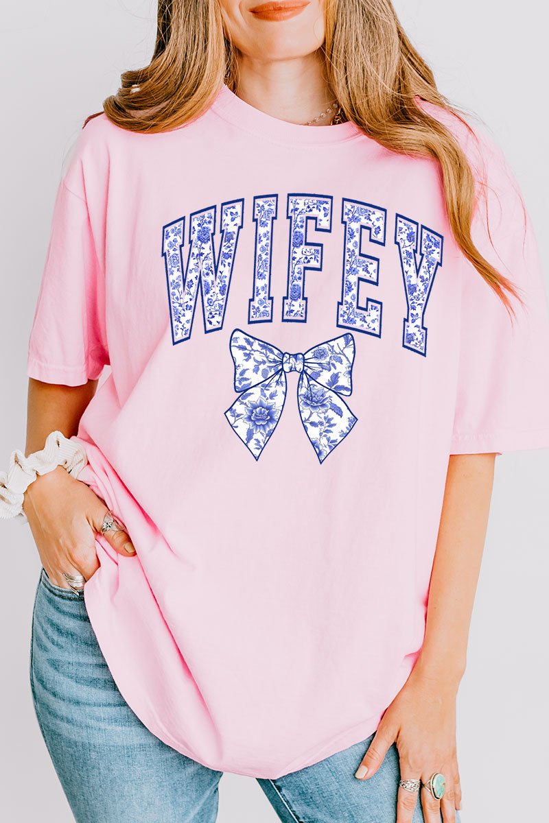 Arched Wifey Blue Chinoiserie Comfort Colors Adult Ring - Spun Cotton Tee - Wholesale Accessory Market