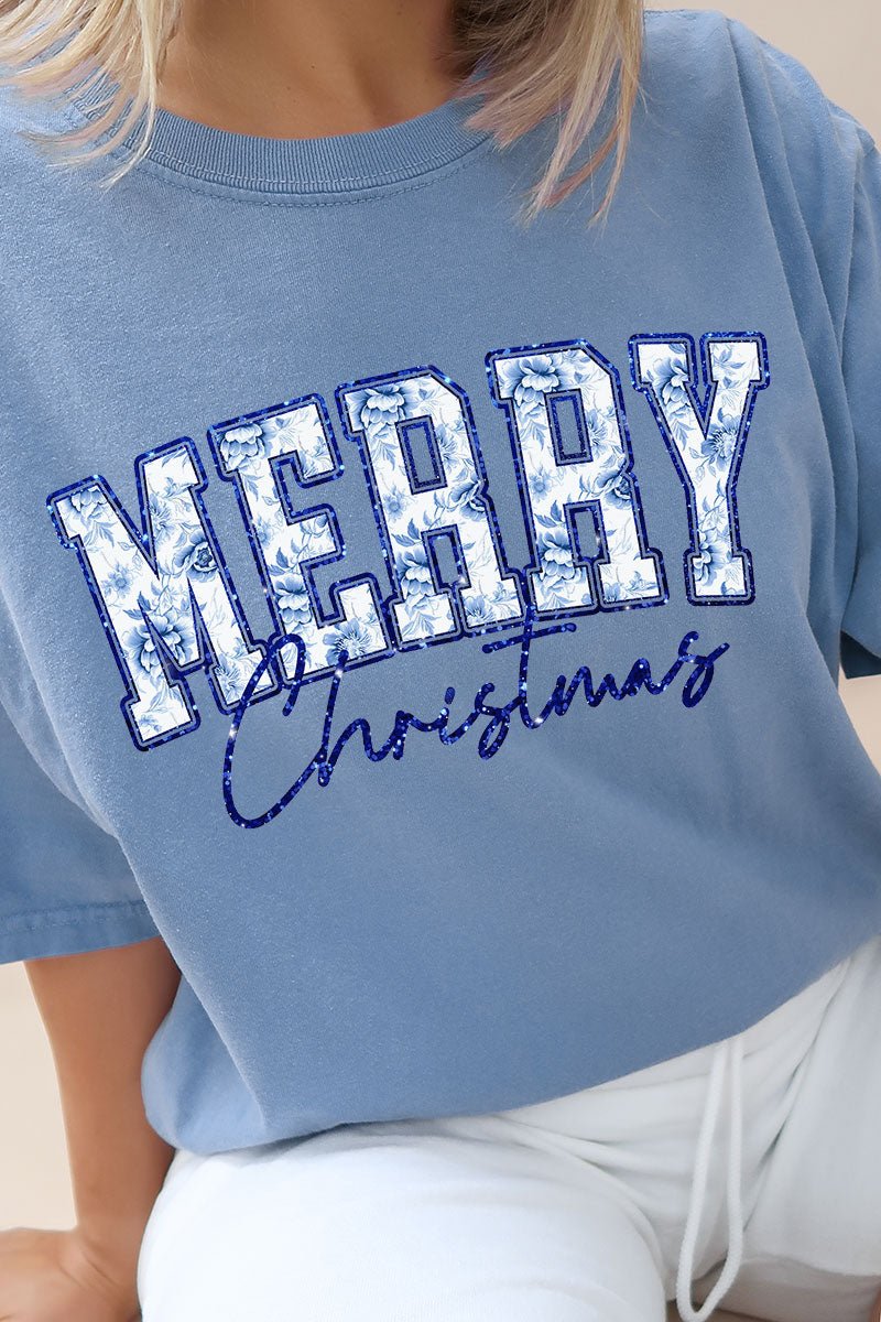Chinoiserie Blue Merry Christmas Comfort Colors Adult Ring - Spun Cotton Tee - Wholesale Accessory Market