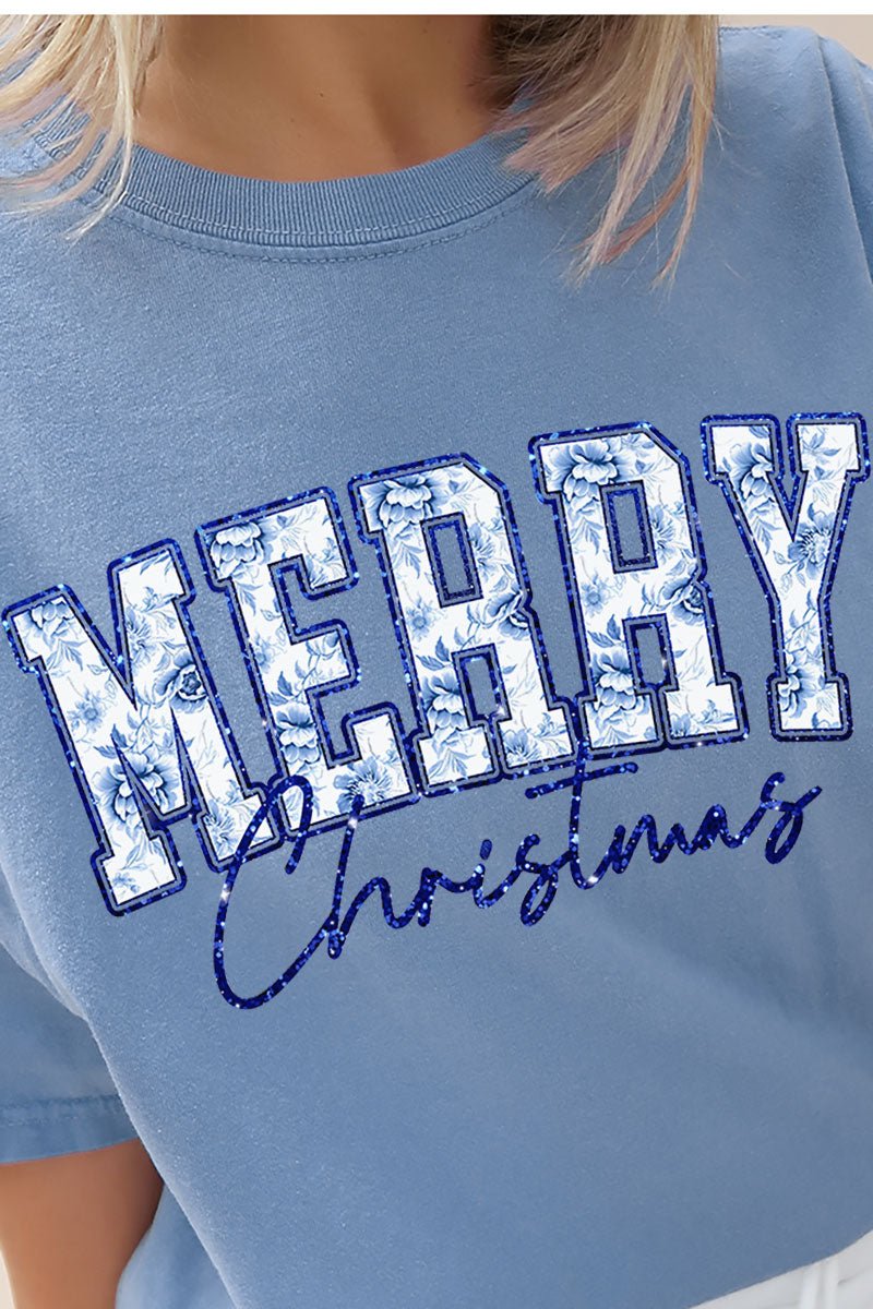 Chinoiserie Blue Merry Christmas Comfort Colors Adult Ring - Spun Cotton Tee - Wholesale Accessory Market