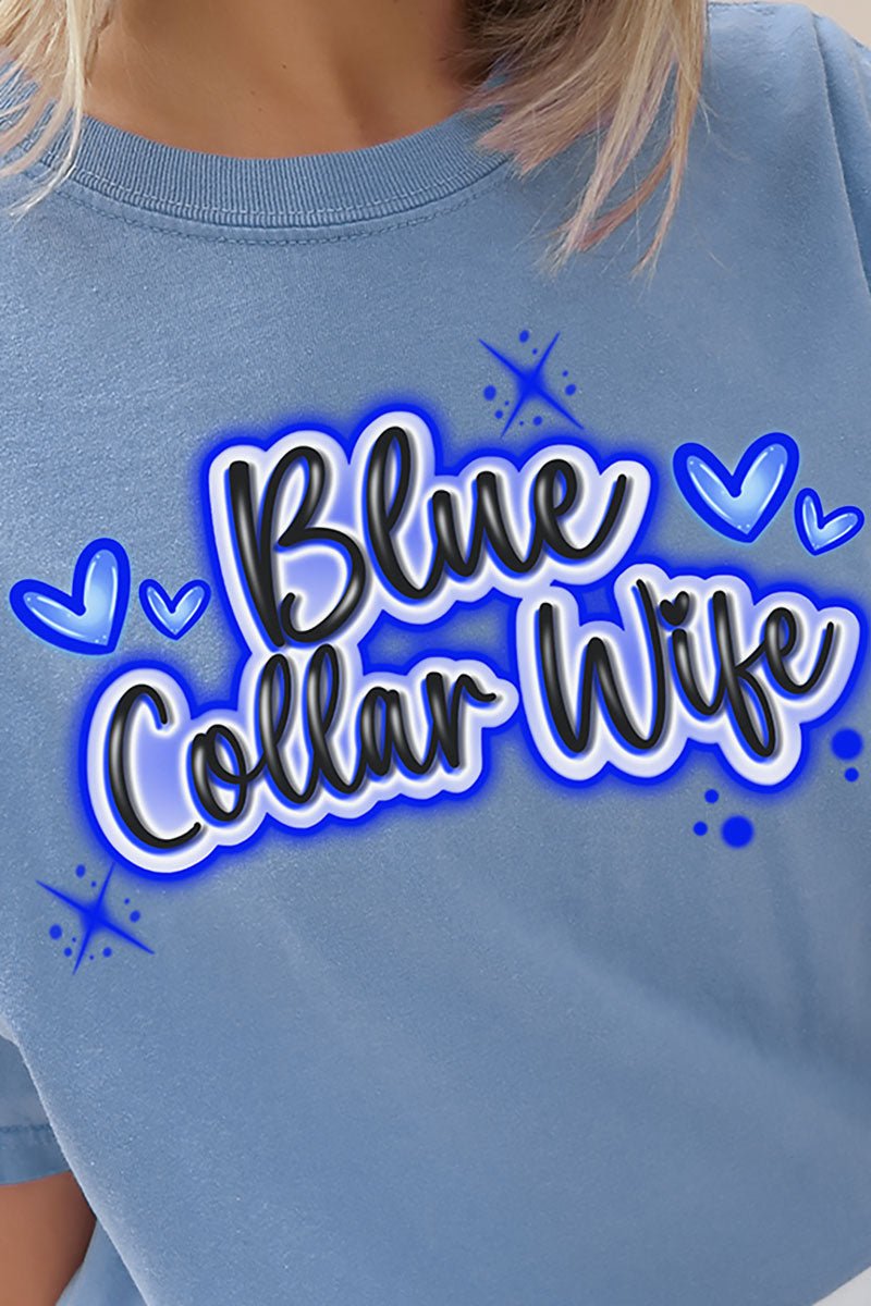 Faux Airbrush Blue Collar Wife Comfort Colors Adult Ring - Spun Cotton Tee - Wholesale Accessory Market