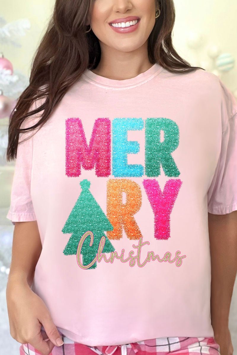 Faux Tinsel Merry Christmas Transfer Comfort Colors Adult Ring - Spun Cotton Tee - Wholesale Accessory Market
