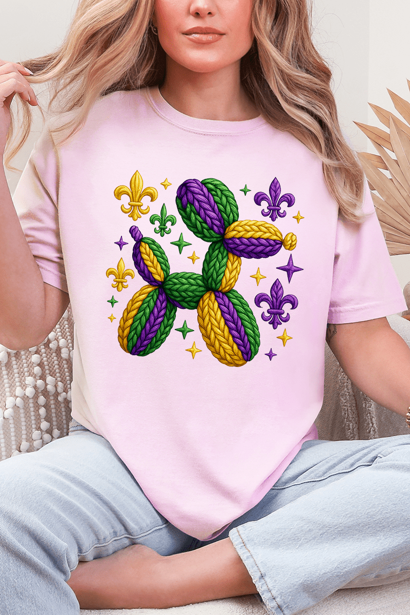 Faux Yarn Mardi Gras Balloon Dog Comfort Colors Adult Ring - Spun Cotton Tee - Wholesale Accessory Market
