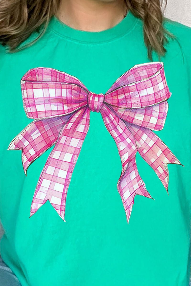 Hot Pink Gingham Bow Comfort Colors Adult Ring - Spun Cotton Tee - Wholesale Accessory Market
