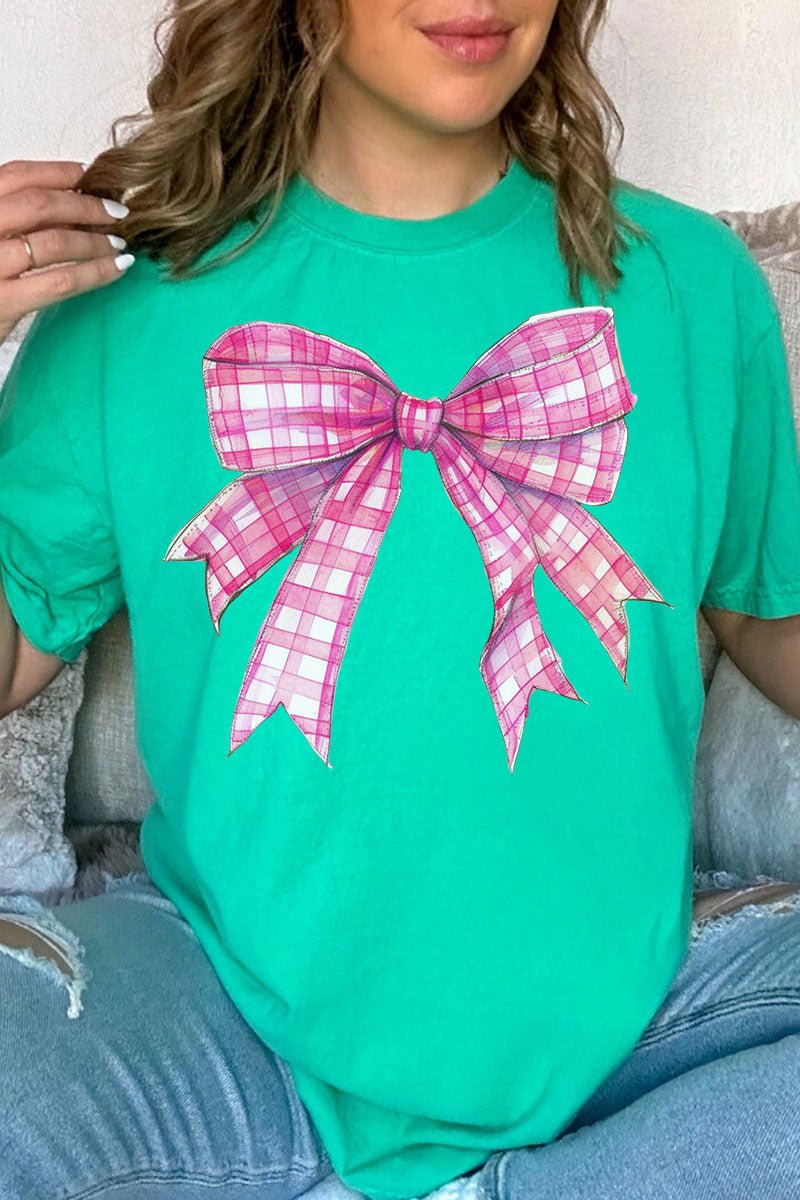 Hot Pink Gingham Bow Comfort Colors Adult Ring - Spun Cotton Tee - Wholesale Accessory Market