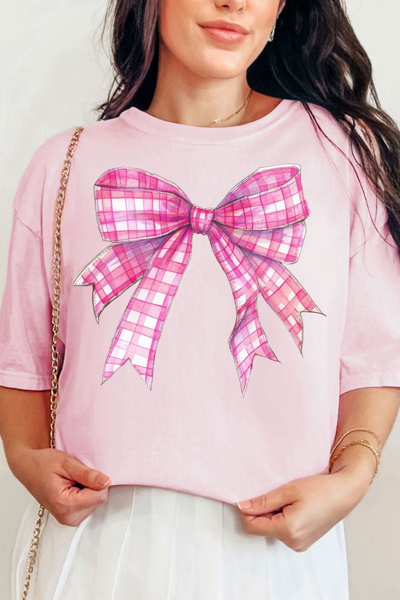Hot Pink Gingham Bow Comfort Colors Adult Ring - Spun Cotton Tee - Wholesale Accessory Market