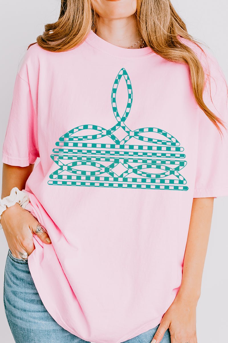 Turquoise Checkered Boot Stitch Comfort Colors Adult Ring - Spun Cotton Tee - Wholesale Accessory Market