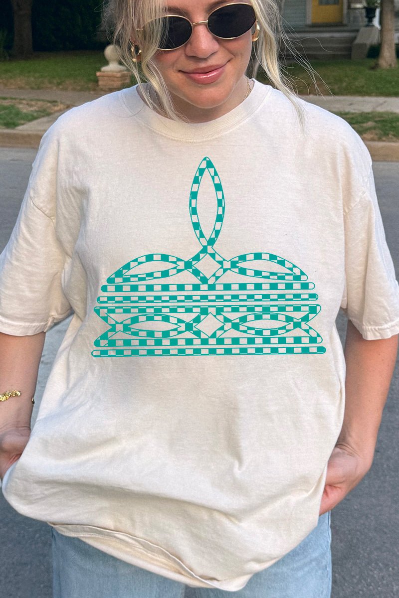 Turquoise Checkered Boot Stitch Comfort Colors Adult Ring - Spun Cotton Tee - Wholesale Accessory Market