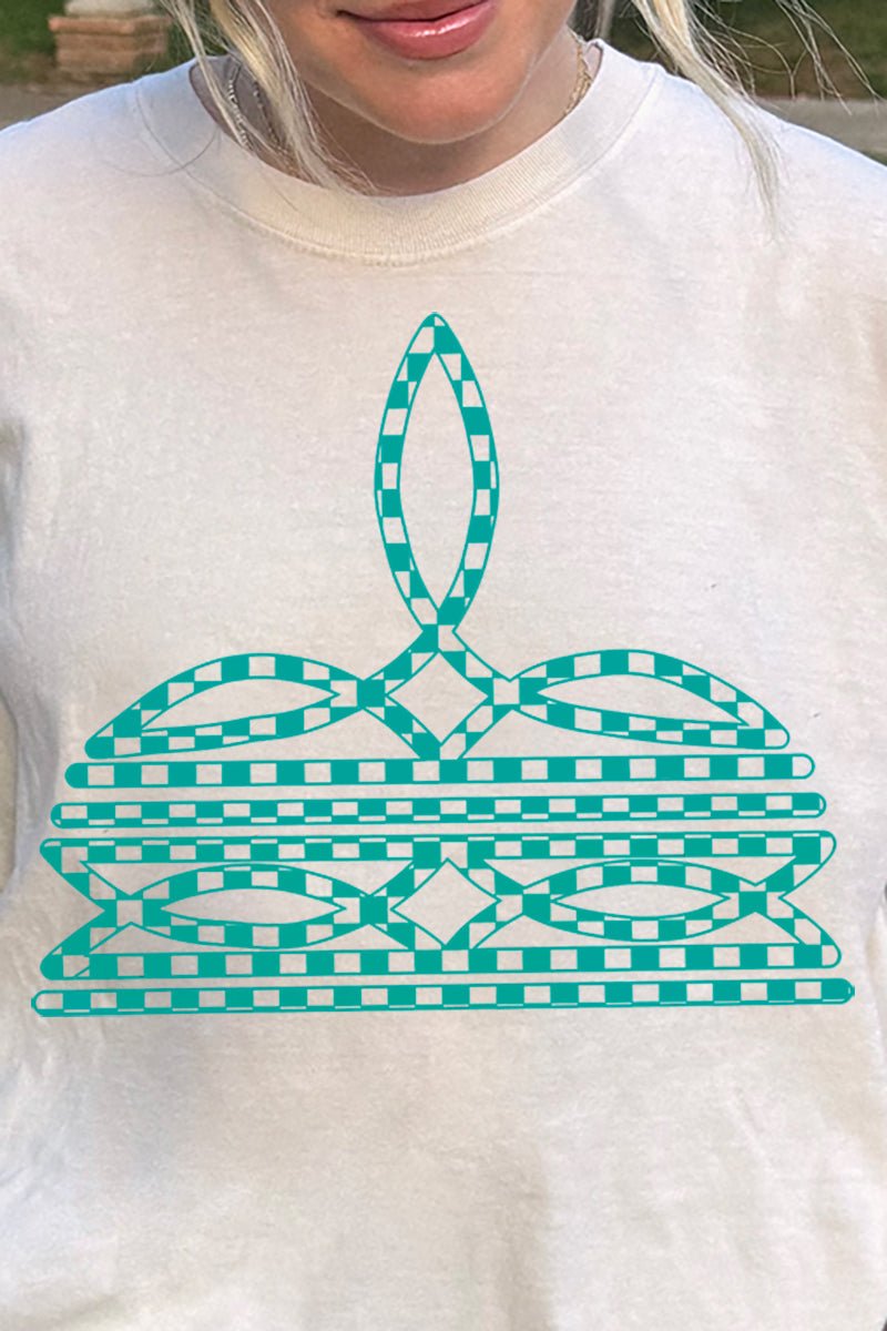 Turquoise Checkered Boot Stitch Comfort Colors Adult Ring - Spun Cotton Tee - Wholesale Accessory Market