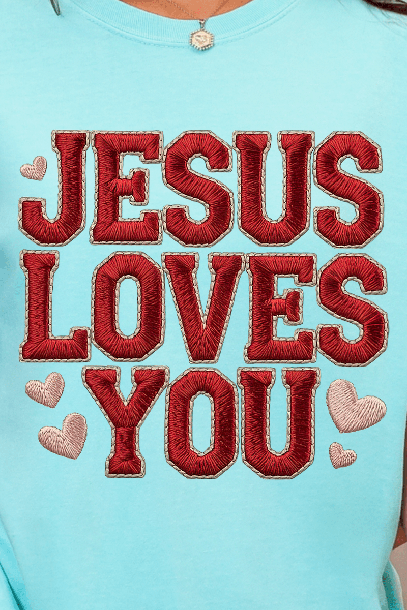 Faux Embroidery Jesus Loves You Comfort Colors Adult Ring - Spun Cotton Tee - Wholesale Accessory Market