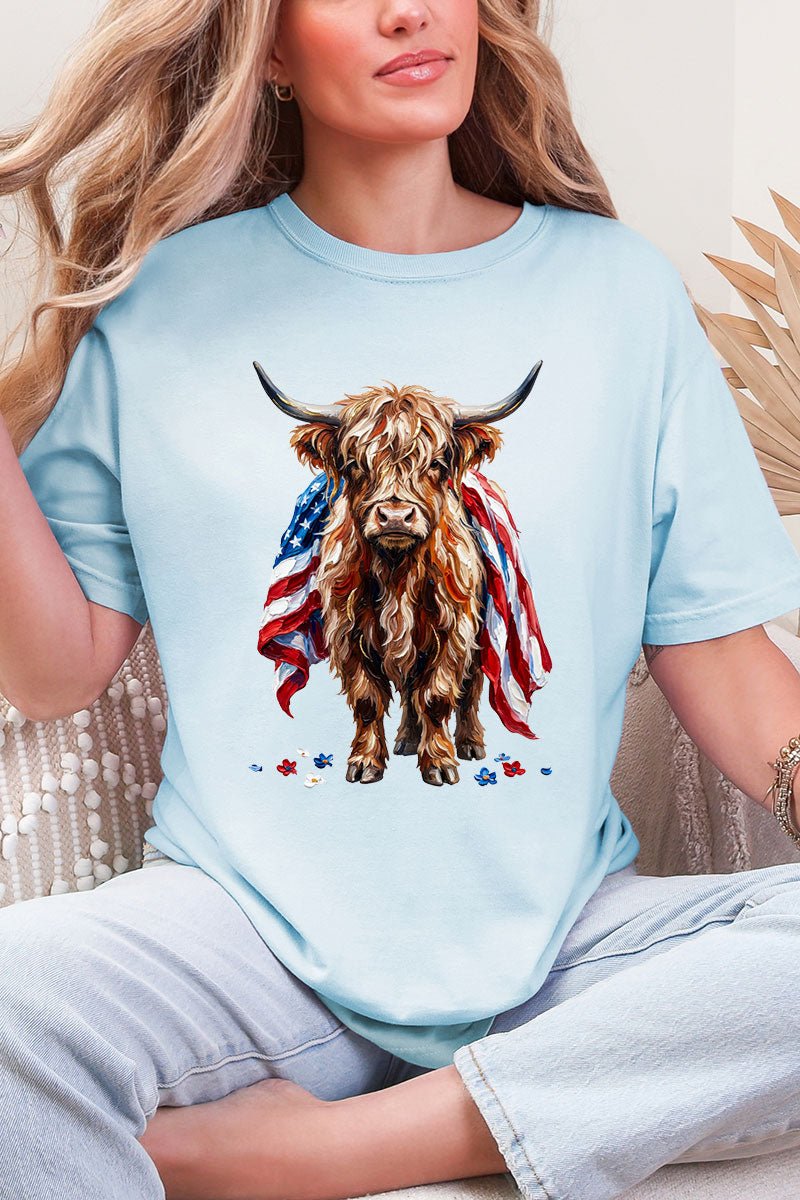 Painted Old Glory Highland Cow Comfort Colors Adult Ring - Spun Cotton Tee - Wholesale Accessory Market