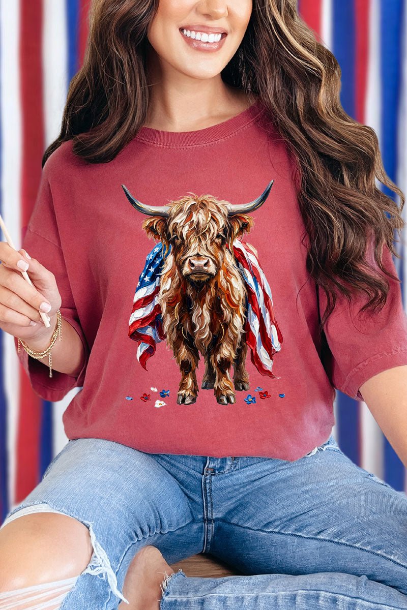 Painted Old Glory Highland Cow Comfort Colors Adult Ring - Spun Cotton Tee - Wholesale Accessory Market