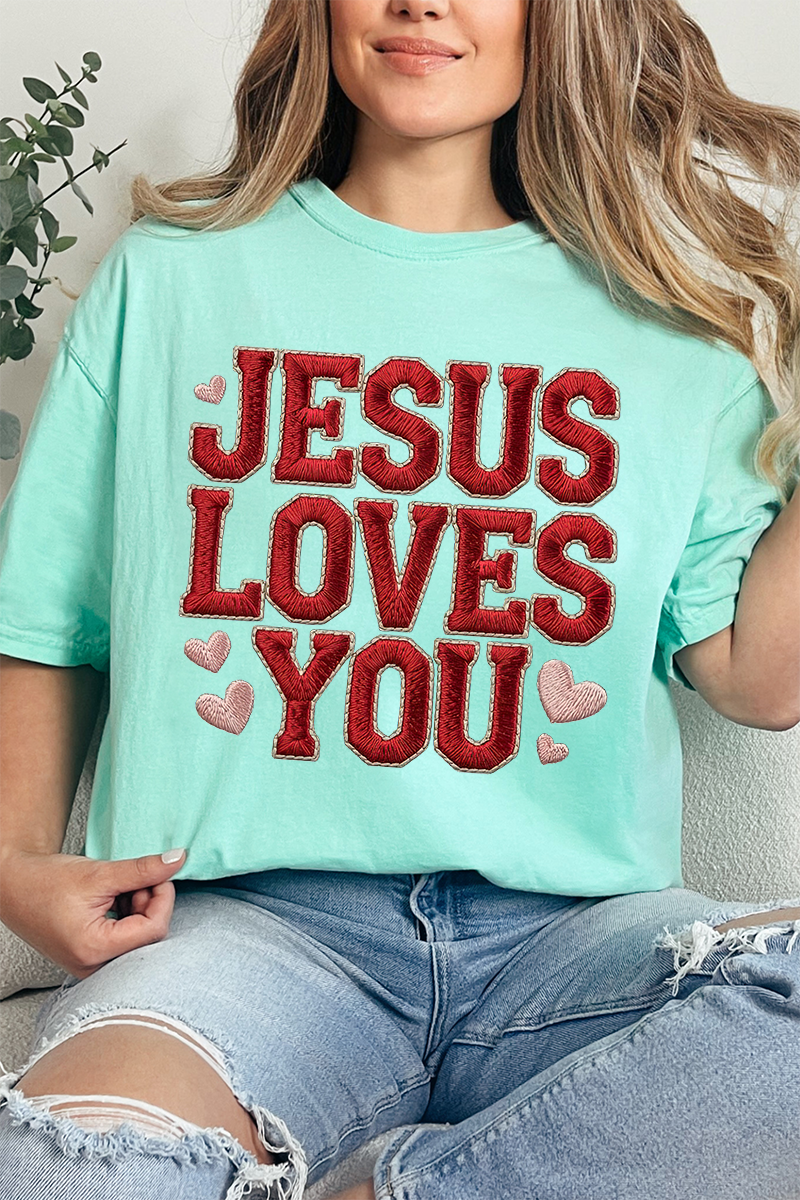 Faux Embroidery Jesus Loves You Comfort Colors Adult Ring - Spun Cotton Tee - Wholesale Accessory Market