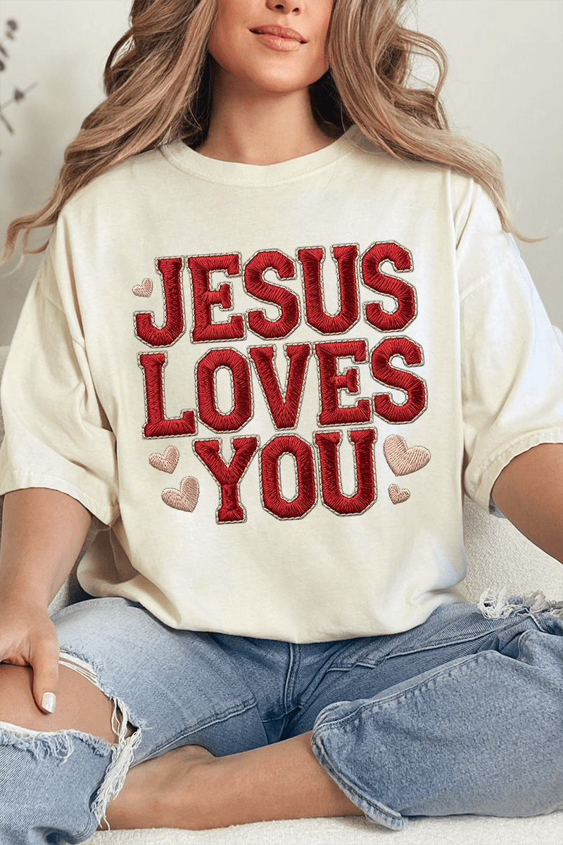 Faux Embroidery Jesus Loves You Comfort Colors Adult Ring - Spun Cotton Tee - Wholesale Accessory Market