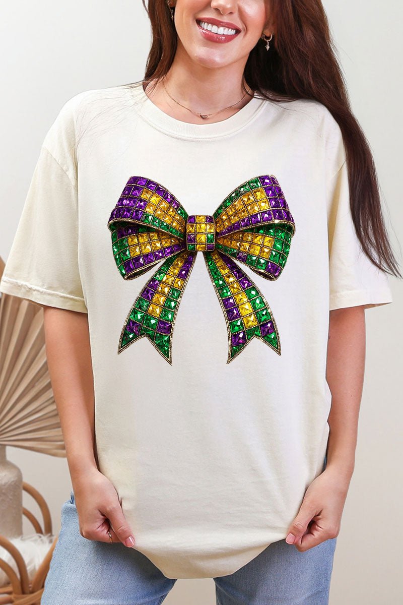 Faux Rhinestone Mardi Gras Bow Comfort Colors Adult Ring - Spun Cotton Tee - Wholesale Accessory Market