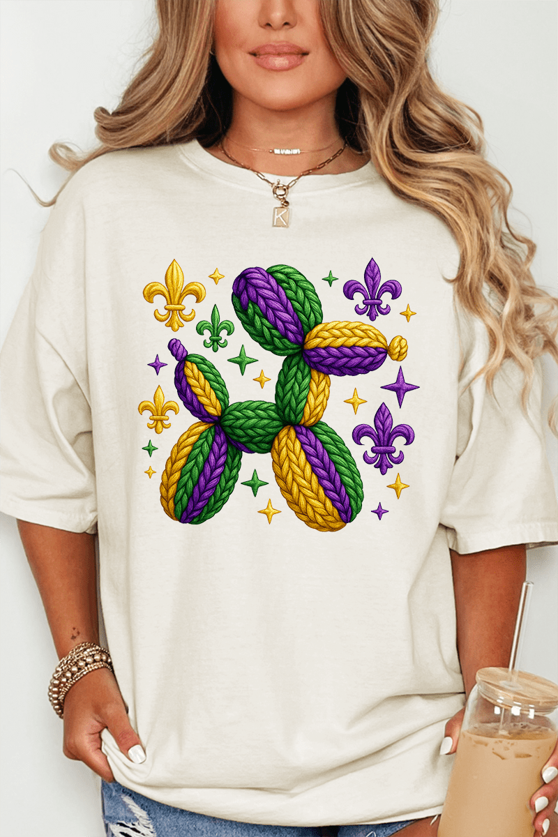 Faux Yarn Mardi Gras Balloon Dog Comfort Colors Adult Ring - Spun Cotton Tee - Wholesale Accessory Market