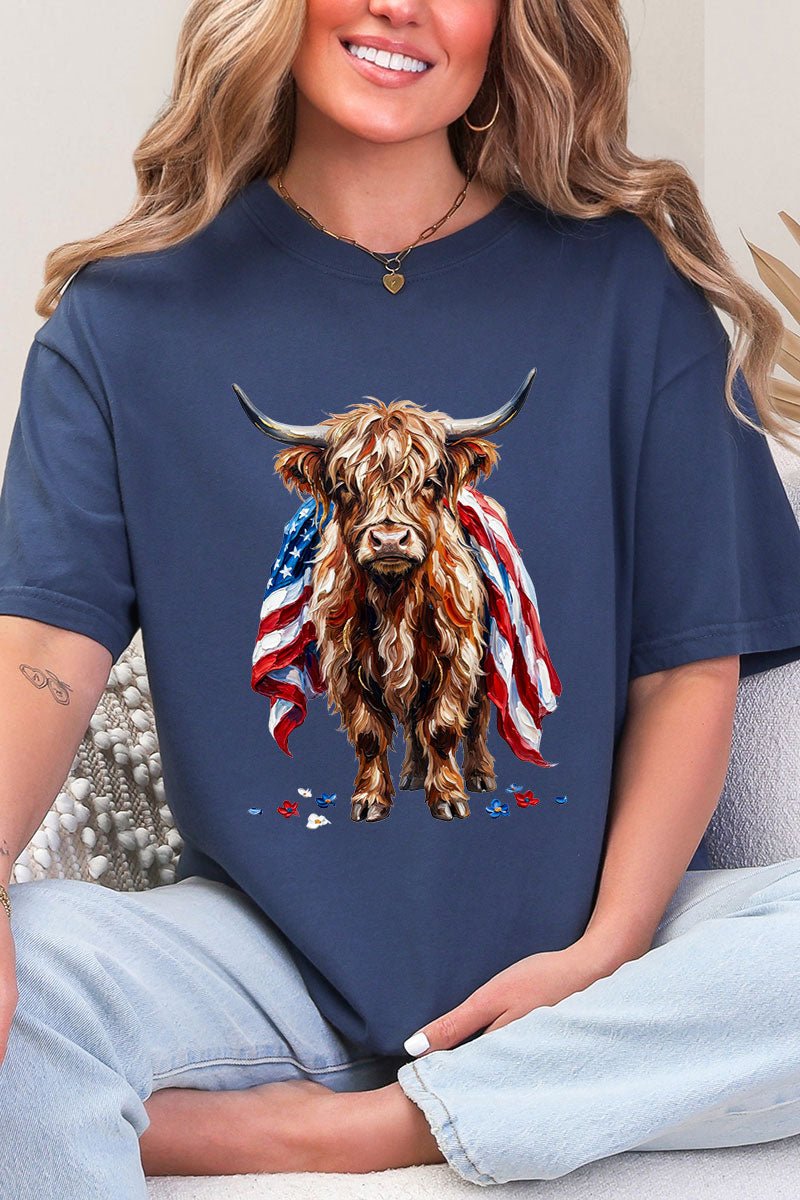 Painted Old Glory Highland Cow Comfort Colors Adult Ring - Spun Cotton Tee - Wholesale Accessory Market