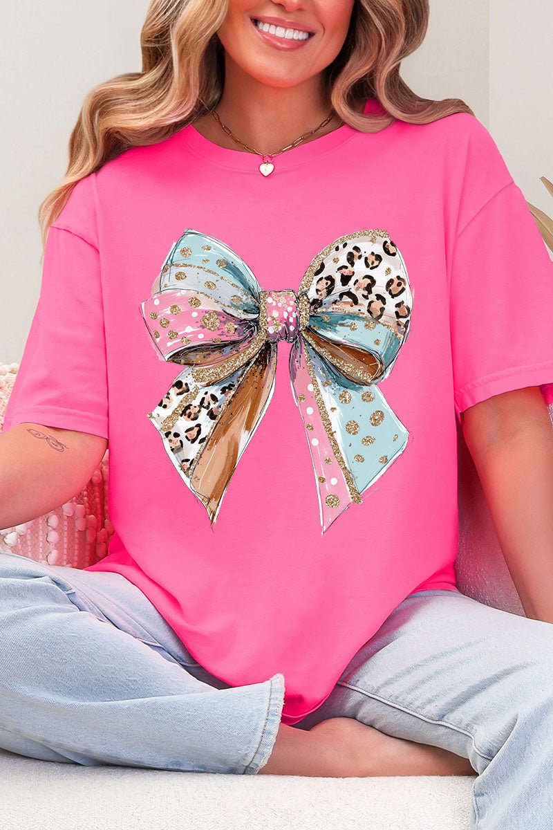 Pastel Leopard Bow Comfort Colors Adult Ring - Spun Cotton Tee - Wholesale Accessory Market