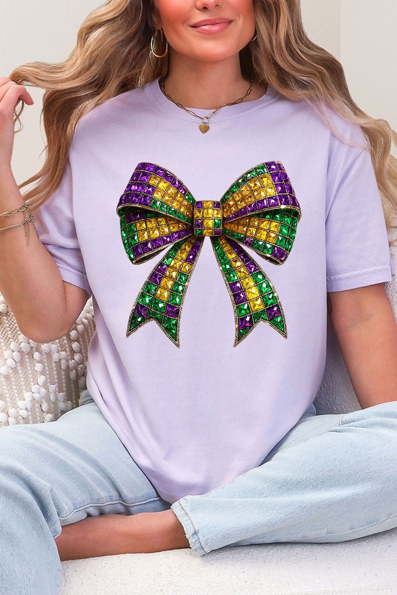 Faux Rhinestone Mardi Gras Bow Comfort Colors Adult Ring - Spun Cotton Tee - Wholesale Accessory Market
