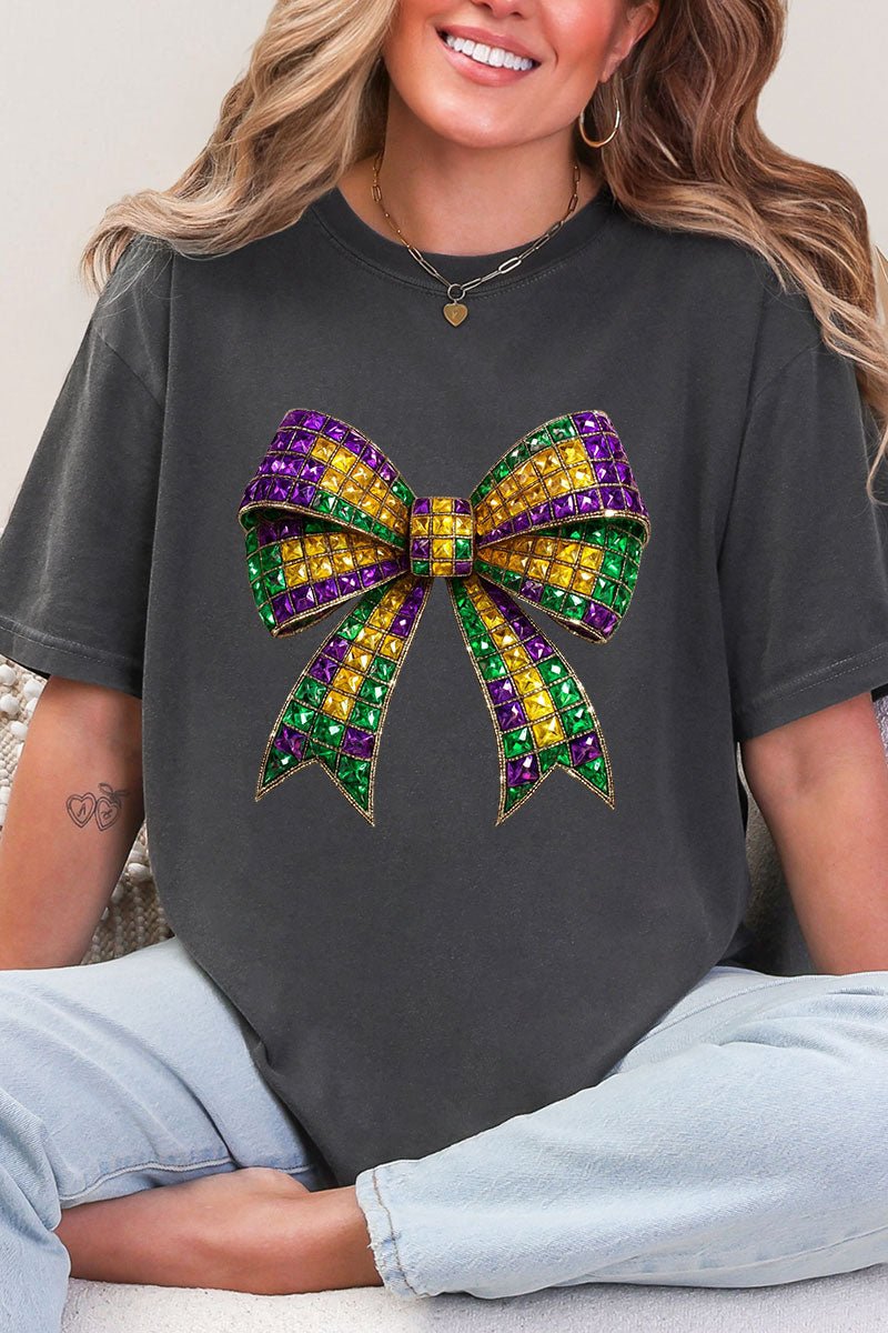 Faux Rhinestone Mardi Gras Bow Comfort Colors Adult Ring - Spun Cotton Tee - Wholesale Accessory Market