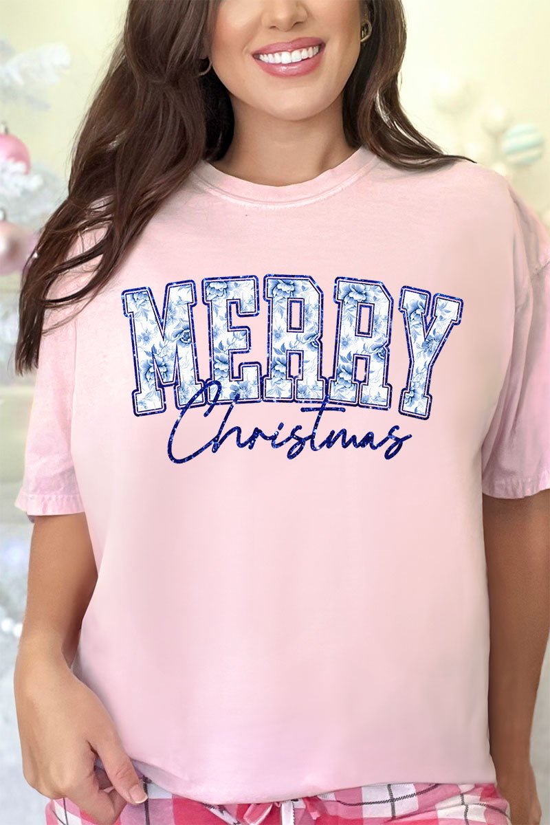 Chinoiserie Blue Merry Christmas Comfort Colors Adult Ring - Spun Cotton Tee - Wholesale Accessory Market