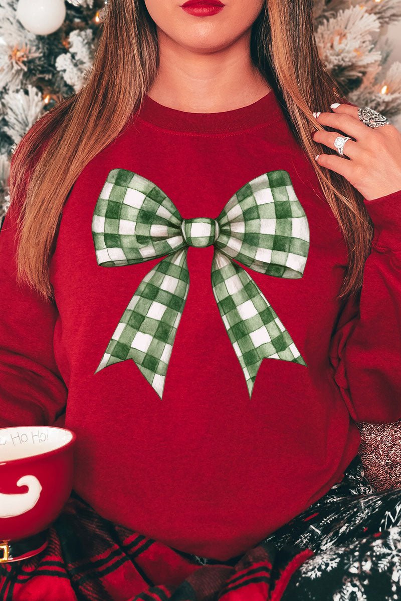 Green Gingham Bow Heavy - weight Crew Sweatshirt - Wholesale Accessory Market