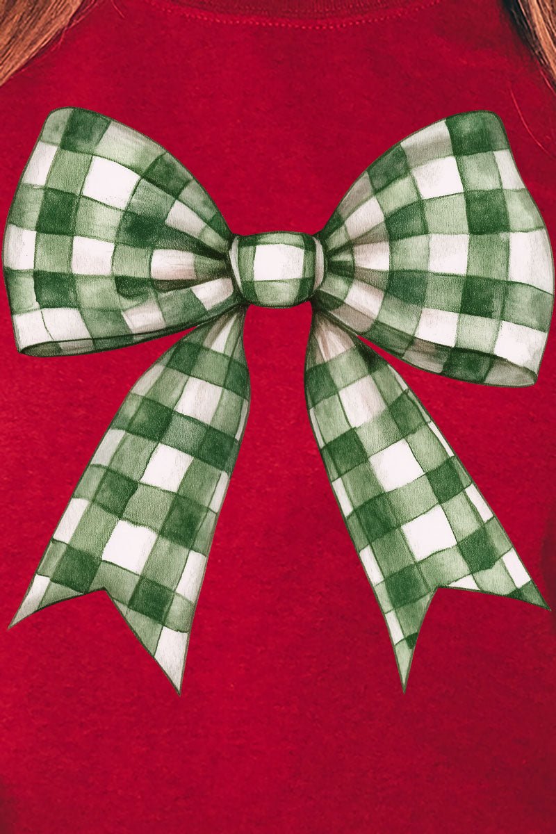 Green Gingham Bow Heavy - weight Crew Sweatshirt - Wholesale Accessory Market