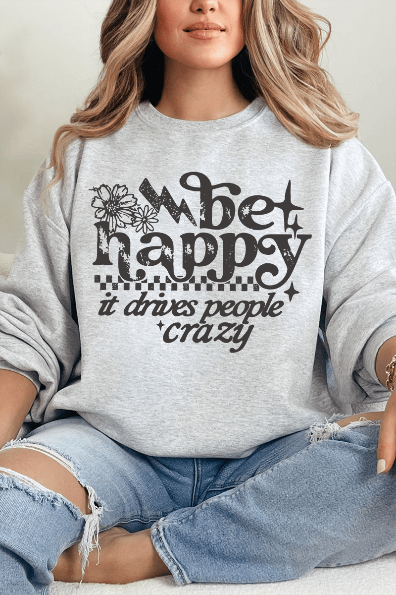 Black Be Happy Heavy Blend Crew Sweatshirt - Wholesale Accessory Market