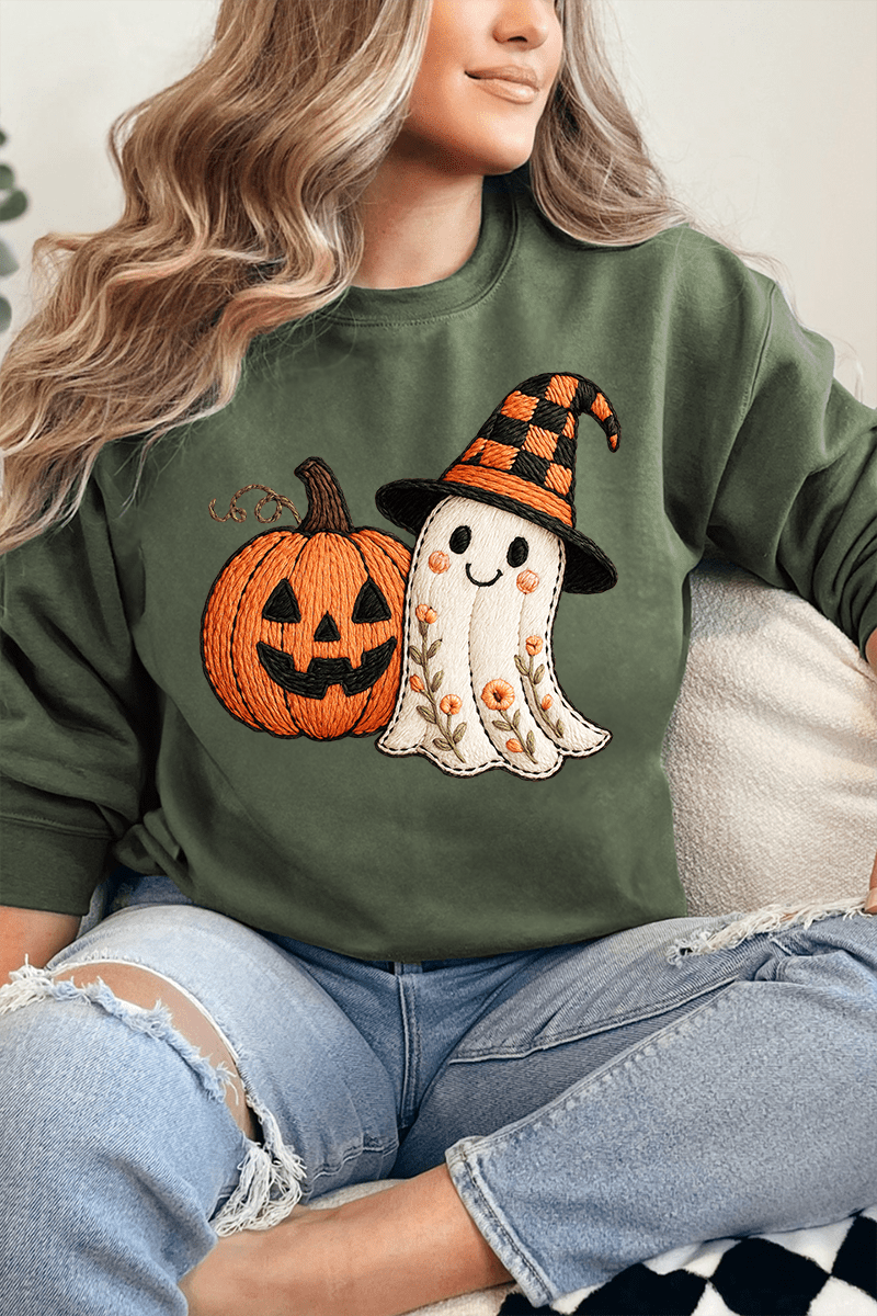 Boo - tiful Stitches Faux Embroidery Heavy - weight Crew Sweatshirt - Wholesale Accessory Market