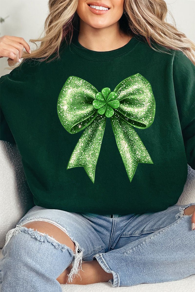 Faux Glitter Clover Coquette Heavy - weight Crew Sweatshirt - Wholesale Accessory Market