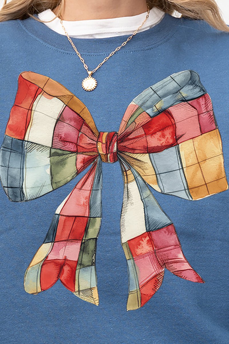Faux Patchwork Red Bow Heavy - weight Crew Sweatshirt - Wholesale Accessory Market