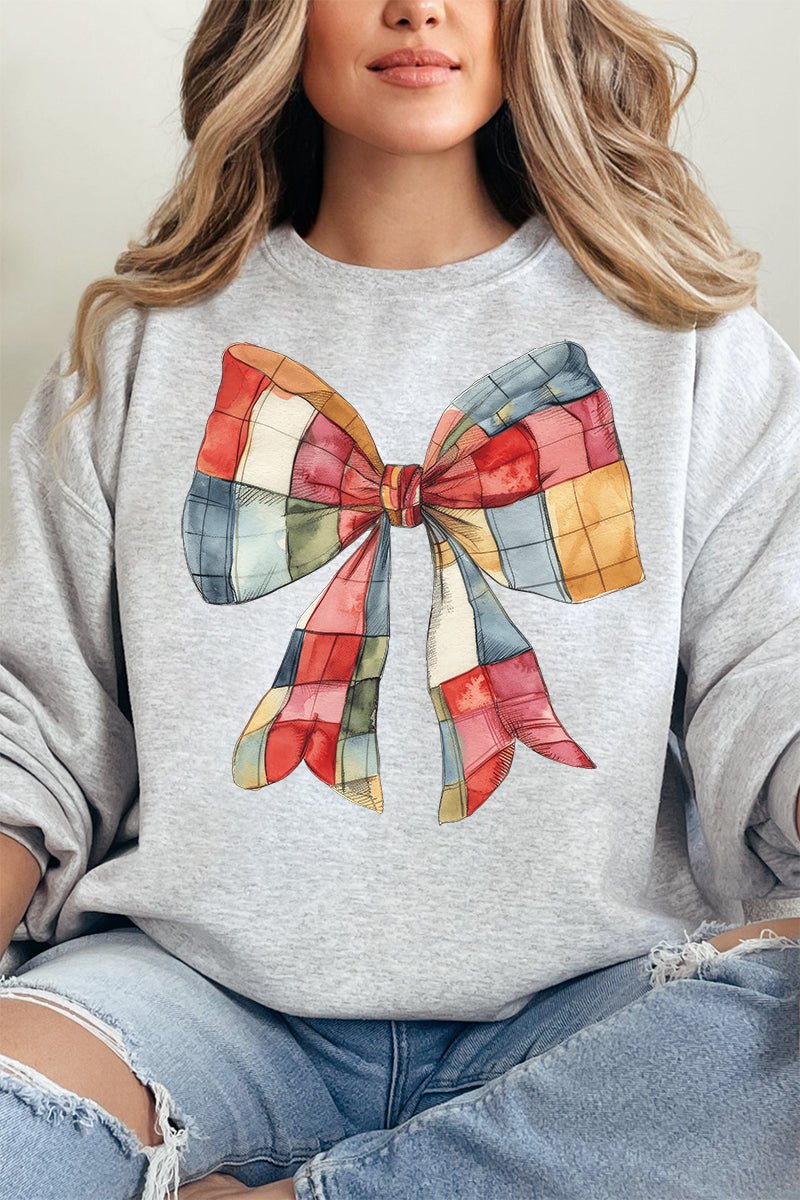 Faux Patchwork Red Bow Heavy - weight Crew Sweatshirt - Wholesale Accessory Market