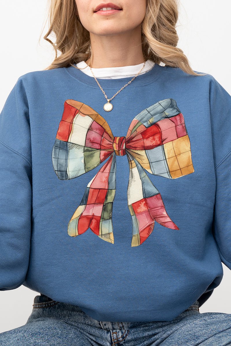 Faux Patchwork Red Bow Heavy - weight Crew Sweatshirt - Wholesale Accessory Market