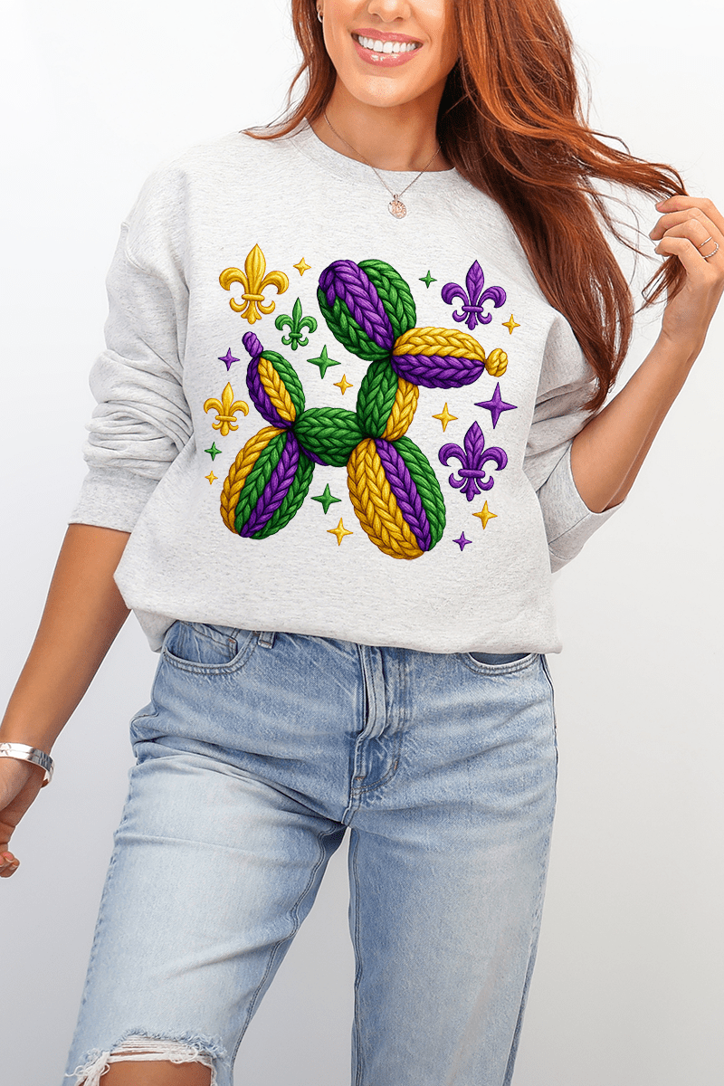 Faux Yarn Mardi Gras Balloon Dog Heavy Blend Crew Sweatshirt - Wholesale Accessory Market