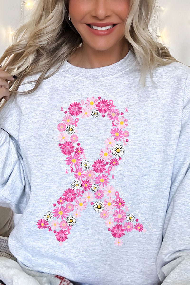 Floral In October We Fight Ribbon Heavy - weight Crew Sweatshirt - Wholesale Accessory Market