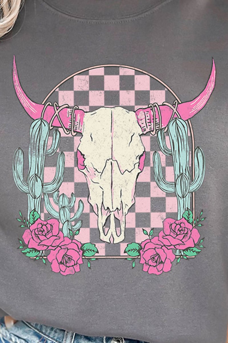 Pink Checkered Steer Heavy - weight Crew Sweatshirt - Wholesale Accessory Market