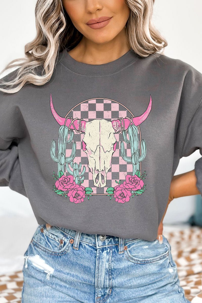 Pink Checkered Steer Heavy - weight Crew Sweatshirt - Wholesale Accessory Market