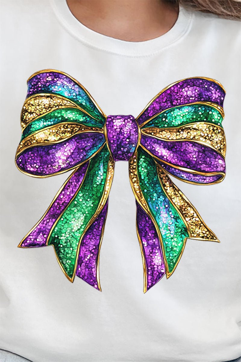 Glitzy Mardi Gras Bow Heavy - weight Crew Sweatshirt - Wholesale Accessory Market