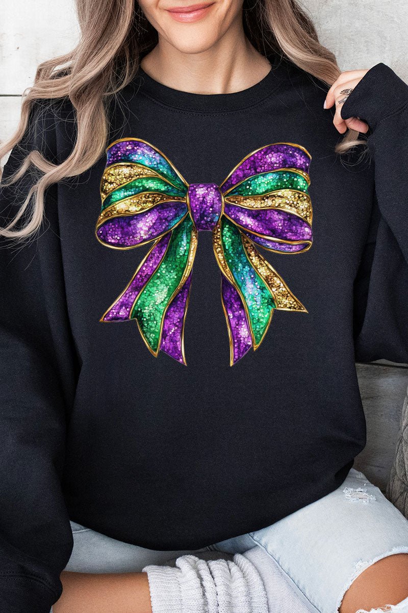 Glitzy Mardi Gras Bow Heavy - weight Crew Sweatshirt - Wholesale Accessory Market