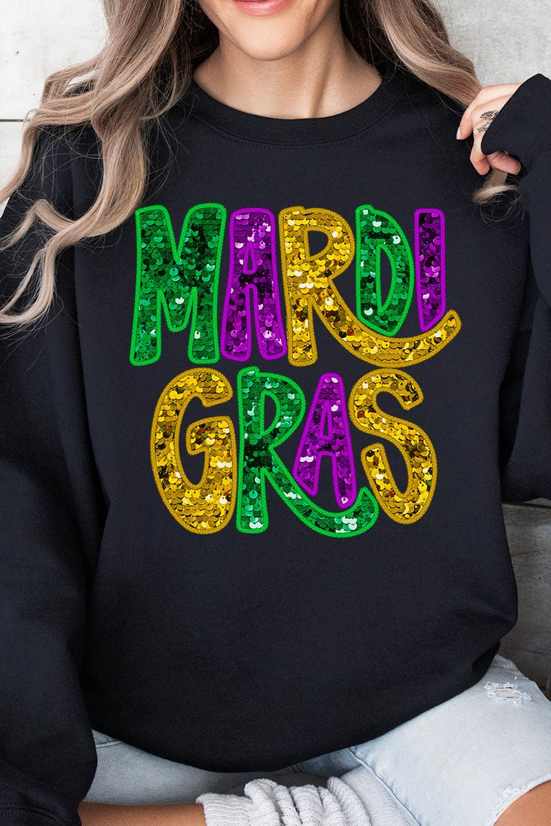 Mardi Gras Doodle Faux Glitter Heavy - weight Crew Sweatshirt - Wholesale Accessory Market