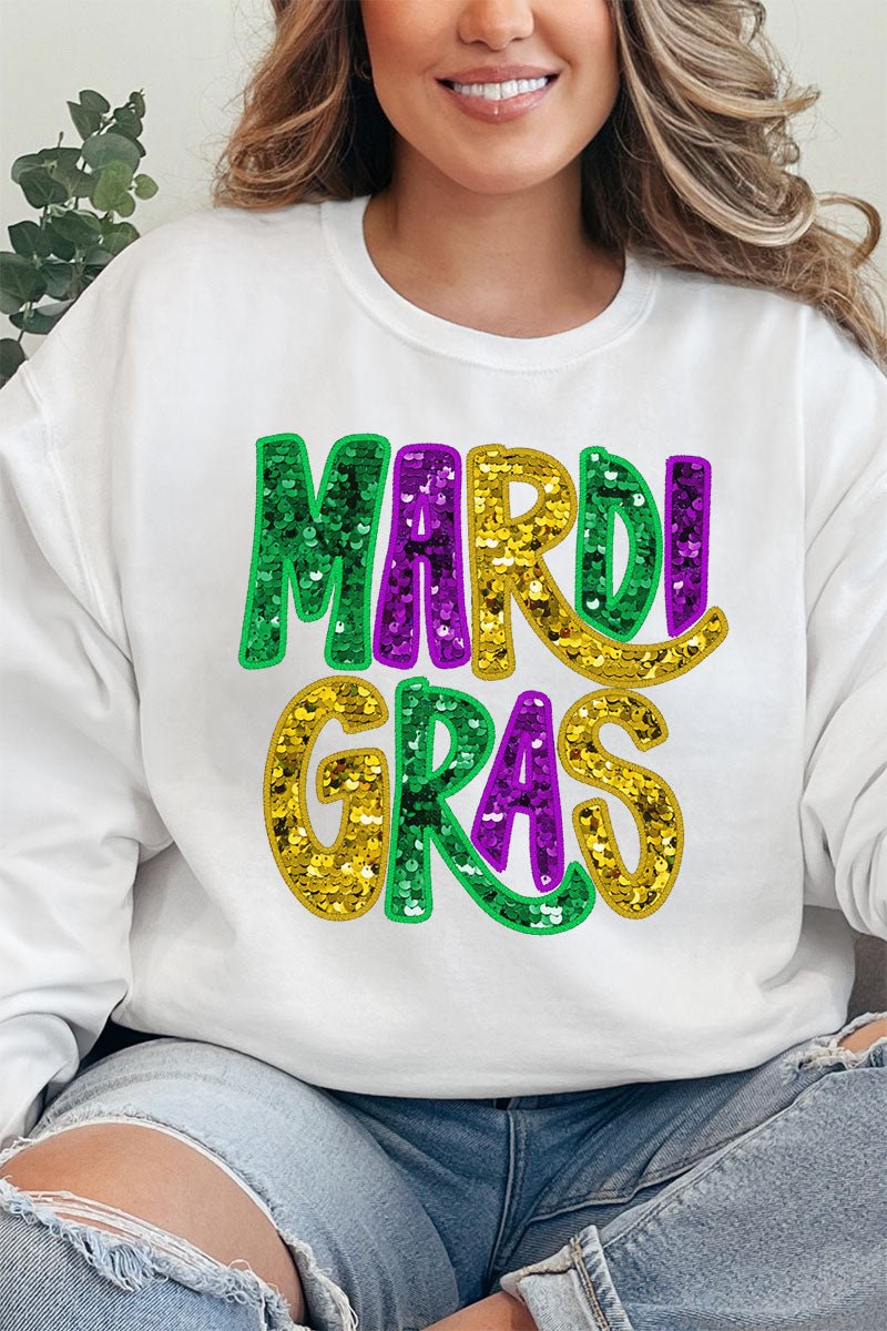 Mardi Gras Doodle Faux Glitter Heavy - weight Crew Sweatshirt - Wholesale Accessory Market