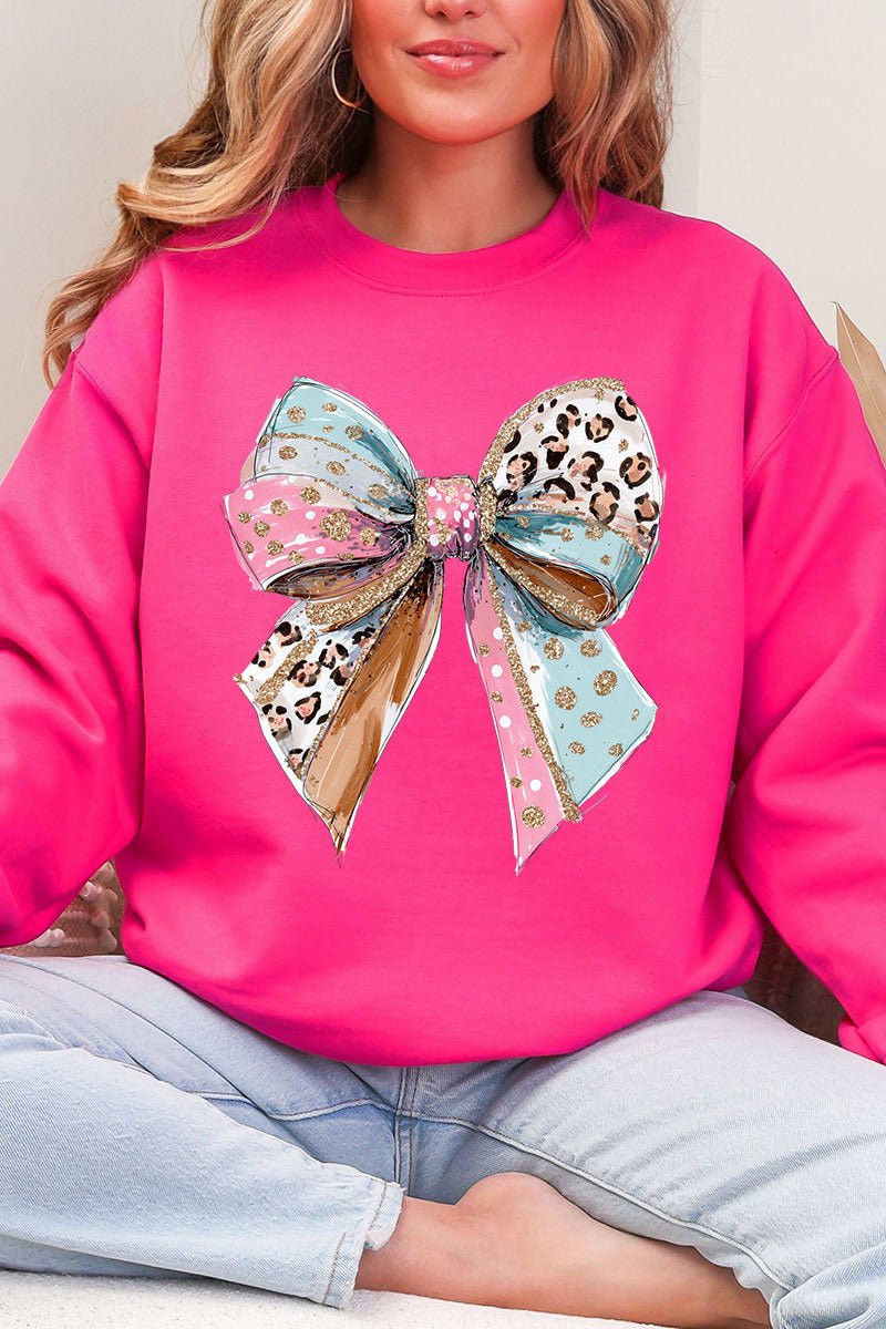 Pastel Leopard Bow Heavy Blend Crew Sweatshirt - Wholesale Accessory Market