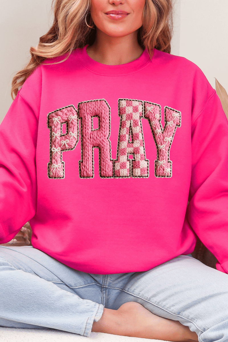 Pink Faux Yarn Coquette Pray Heavy Blend Crew Sweatshirt - Wholesale Accessory Market